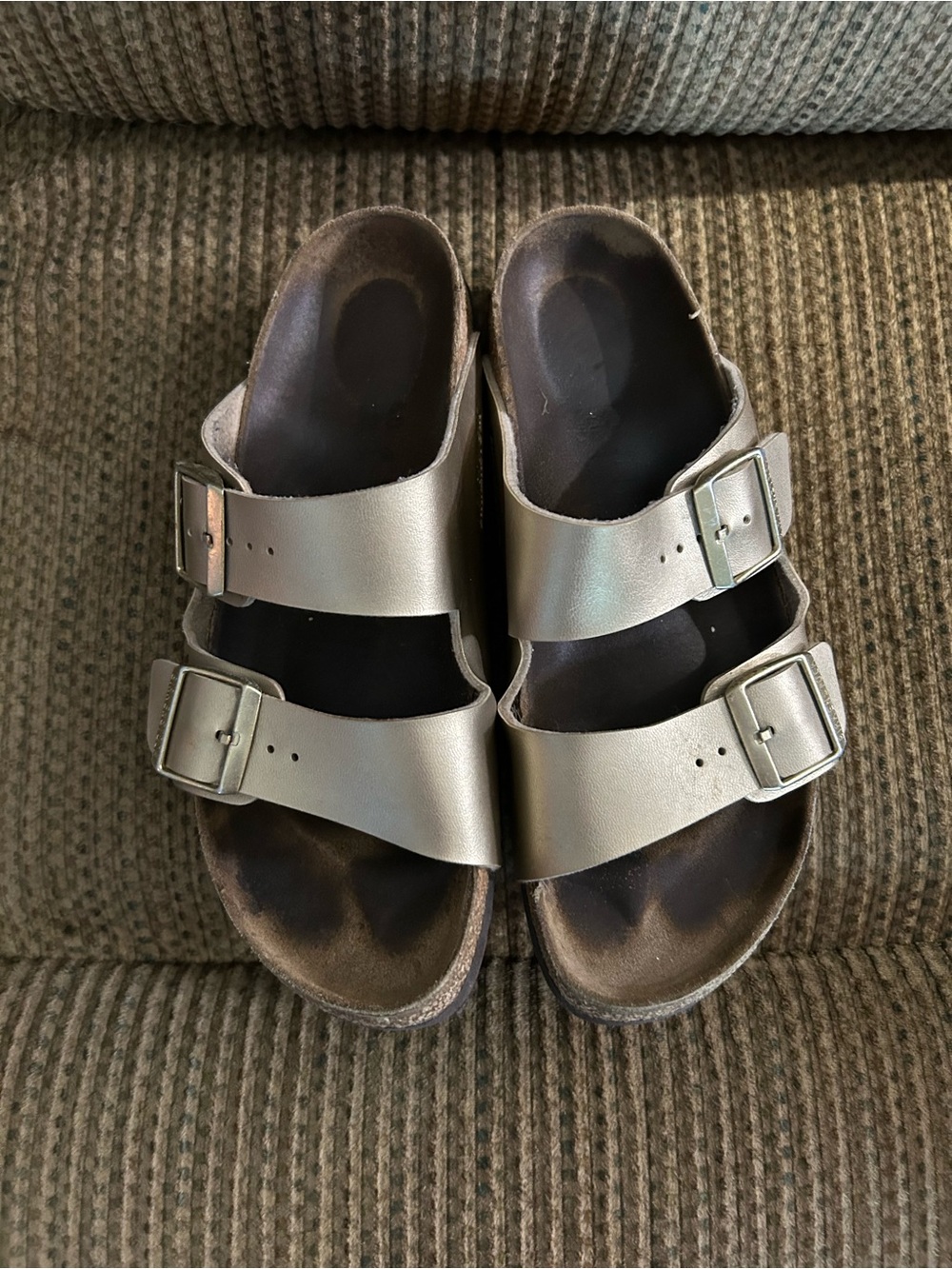 Womens Birkenstock  Metallic Silver Double-Buckle Slide Sandals 40